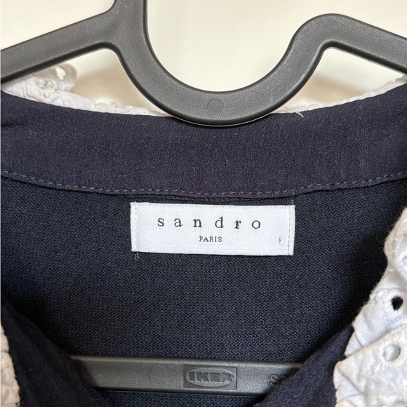 Sandro Paris Colane Crochet-Trim Navy Wool Silk Ruffle Lace Collar Sweater - Picture 5 of 6